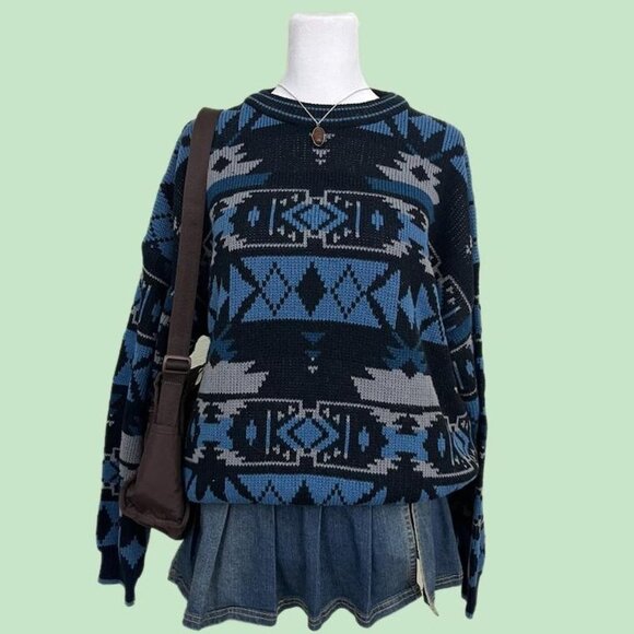 vintage 90s geometric quirky retro indie boxy acrylic knit sweater - Picture 1 of 8